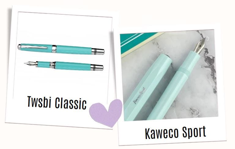 2 product photos of a Twsbi Classic & Kaweco Sport fountain pens with a polaroid-style frame & a pale purple heart between them. 